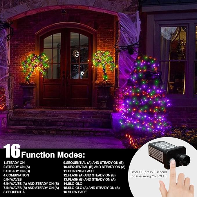 LAMPHOME 66ft Halloween Decorative Mini Lights, 200 LED Brown Wire Fairy Starry String Lights Plug in, 16 Lighting Modes for Halloween Outdoor Party Decoration (Orange/Purple/Green)