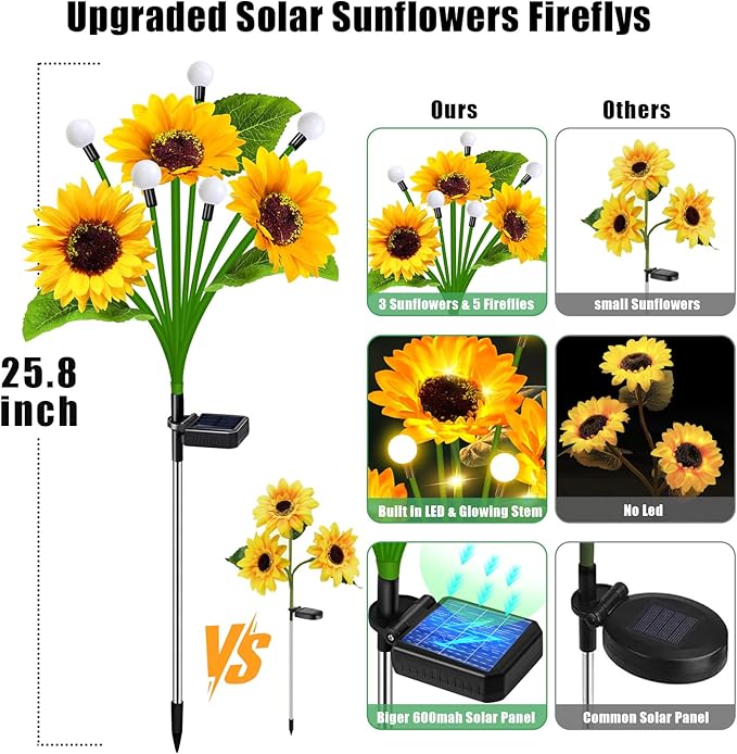 Solar Sunflower Lights 6 Pack Waterproof LED Firefly Garden Decor for Mom Grandma