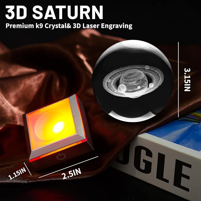 3D Saturn Crystal Ball Night Light with LED Colorful Lighting Touch Base 3.15 In Galaxy Planets Glass Ball Lamp Paperweight Saturn Astronomy Gift Decor for Boys Girls Kids Birthday Christmas