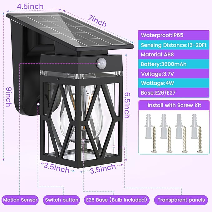 RGB Solar Wall Lights Outdoor 2 Pack, Dusk to Dawn & Motion Sensor Porch Light with Diamond Shape, 10 Modes (RGB Cycle/Fixed) IP65 Waterproof, E26 Bulb Exterior Sconce for Front Porch, Garage, Patio