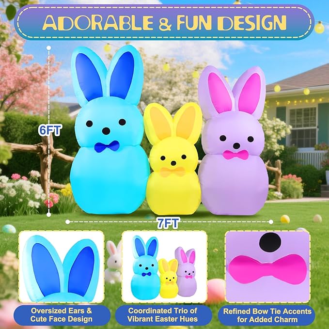 7FT Easter Bunny Inflatables Outdoor Yard Decoration LED Lighted Blow Up Colorful Triple Rabbit for Lawn Garden, Indoor Outdoor Inflatable Decor for Easter Party & Egg Hunt