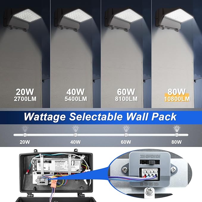 Full Cut-Off LED Wall Pack Light with Photocell, 80W/60W/40W/20W Selectable, 5000K Daylight IP65 Waterproof, 100-250W MH/HPS Equiv. Outdoor Commercial Wall Pack Light, AC100-277V, DLC ETL Listed