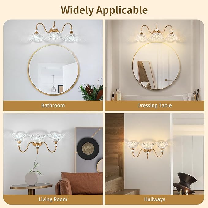 Vintage Bathroom Vanity Light, 3-Light Matte Deep Brass Finish Vanity Light with Flower-Shaped Clear Glass Shades, Retro Wall Sconce for Bathroom