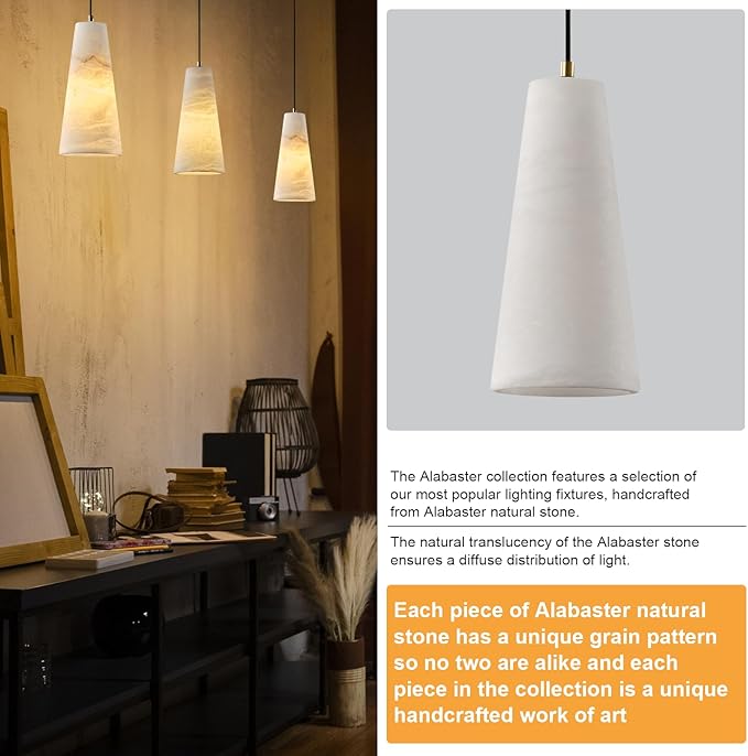 Alabaster Pendant Lights Kitchen Island,White Pendant Light, Marble Shade Brass Cone Lighting Fixtures for Bedroom Bathroom Dining Room Living Room H-10in (Bulbs INCL)