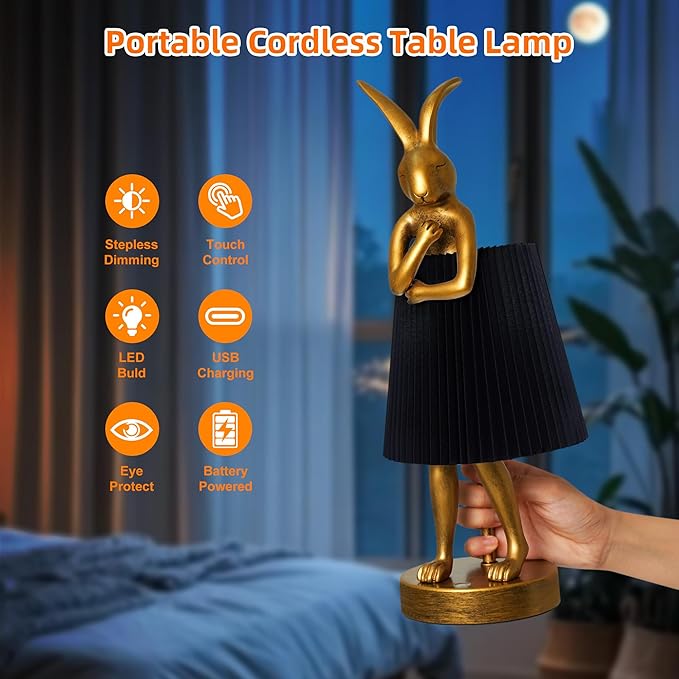 Bunny Rabbit Cordless Table Lamp – 5000mAh Rechargeable Battery Powered LED Night Light Cute Vintage Animal Desk Bedside Lamp with Linen Shade for Kids Room Nursery Home Decor Gift (Black)