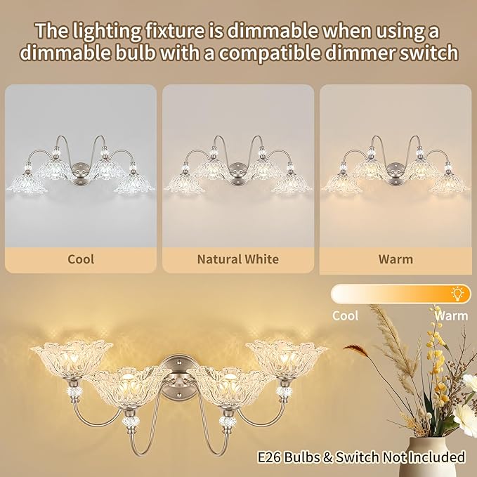 Brushed Nickel Bathroom Vanity Light, 4-Light Vanity Light with Floral Clear Glass Shades, Brushed Nickel Wall Mount Lighting for Bathroom, Dressing Table