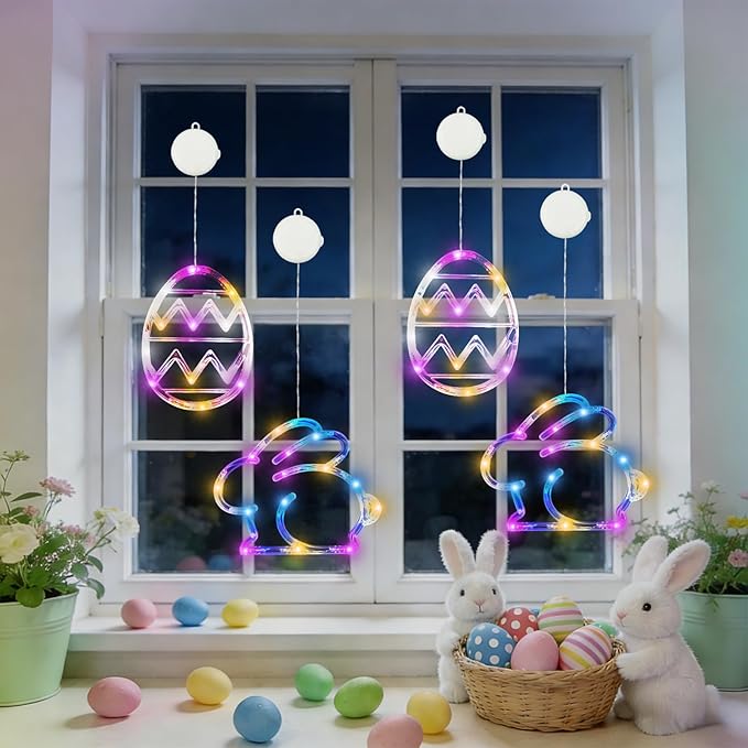 BHCLIGHT 4 Pack Easter Window Lights, Multicolor Bunny and Egg Lights, Battery Operated Easter Window Decorations Light up with Suction Cup and Timer Function for Indoor Window Glass Wall Party Decor