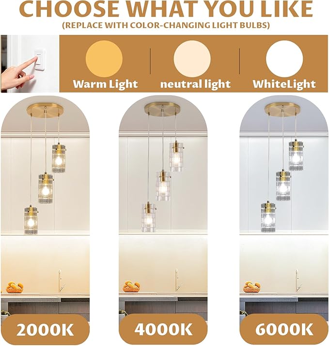 Modern Glass Pendant Light, Copper Finish 3-Light Chandelier for Kitchen Island/Dining, Height Adjustable, E26 Sockets, Bulbs Not Included
