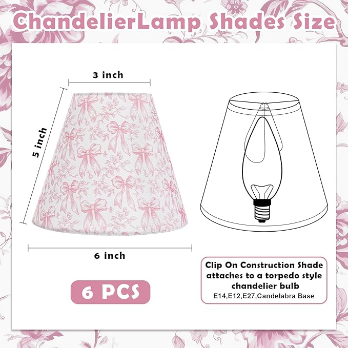 VIHOSE 6 Pcs Chandelier Lamp Shades Small Lamp Shade 3" Top x 6" Bottom x 5" Slant Vintage Coquette Pink Bow Toile Chinoiserie Clip on Lampshade for Wall Sconces Pendant Lighting