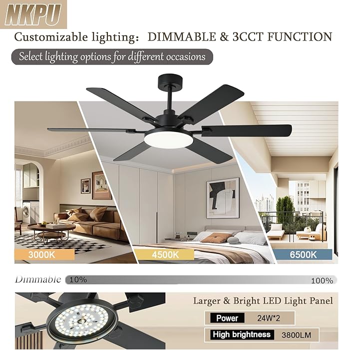 56 Inch Ceiling Fans with Lights, Modern Black Ceiling Fan with Light and Remote Control, 6 Double Sided Blades, 6 Speed Reversible Motor, Dimmable LED, Silent Timing, Indoor Outdoor Patio Use