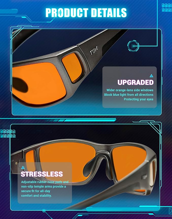 TIJN Sonia Sleep Glasses for Blue & Green Light Blocking,Red Lens with Dual AR Coating,Wraparound Frame for Gaming Screen
