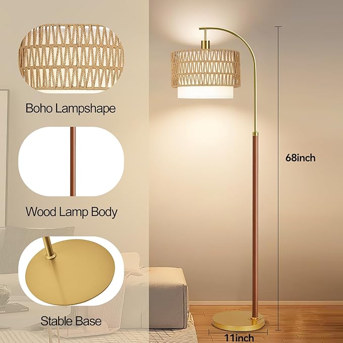 Boho Floor Lamps for Living Room Wood Floor Lamp with Remote Control,Dimmable Rattan Floor Lamps Farmhouse Gold Standing Lamp with 3 Color Temperature Tall Arc Floor Lamp for Bedroom Corner