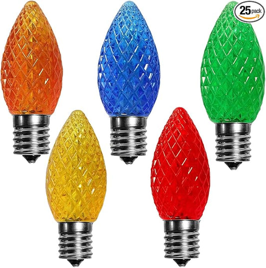 echosari 25 Pack C7 LED Replacement Christmas Light Bulbs 0.8W for Outdoor String Light, UL Listed Commercial Grade Holiday Bulbs, C7/E12 Candelabra Base Sockets (Multicolor)