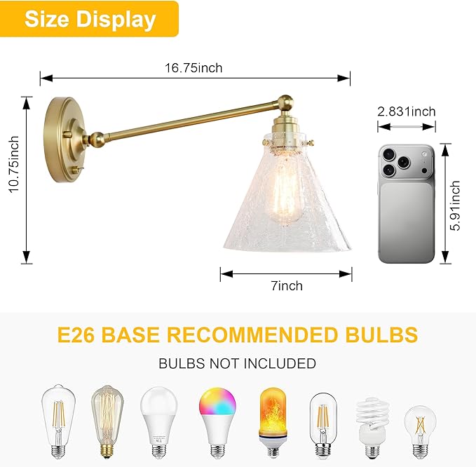 Industrial Vintage Slope Pole Wall Mount Single Sconce with Funnel Flared Clear Glass Shade, Swing Arm Wall Sconce Light Lamp Fixture Hardwired
