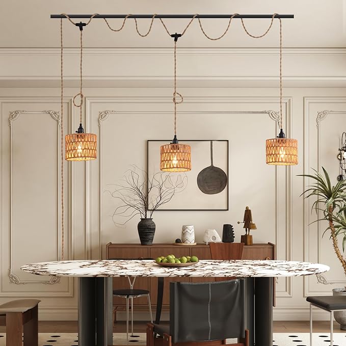 3-Light Hanging Light with Plug in Cord,Plug in Pendant Light 22ft Hemp Rope Pendant Lighting Vintage 3-Light Hanging Lamp Fixtures for Kitchen Island Living Room Bedroom