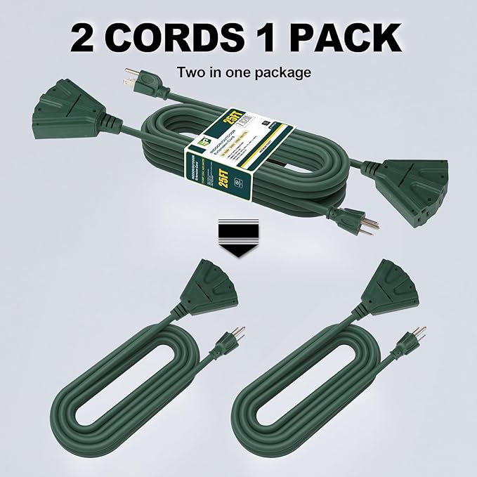 EP 2 Pack 25 Ft Outdoor Extension Cord with 3 Electrical Power Outlets - 16/3 SJTW Green Cable with 3 Prong Grounded Plug for Safety Great for Christmas Lights, Garden and Major Appliances