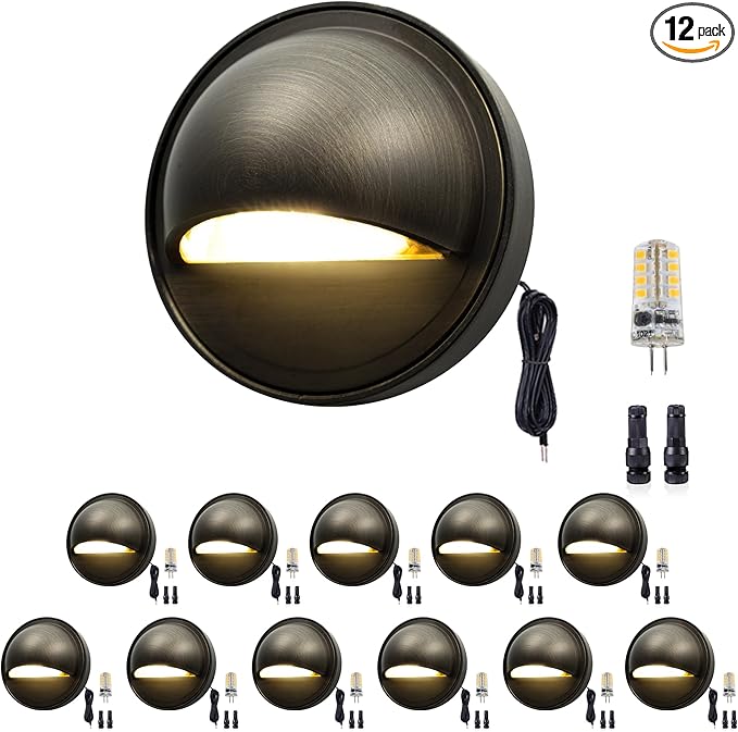 Gardenreet LED Step Lights - 12V Brass Low Voltage Deck Light Outdoor, Landscape Hardwired Waterproof, Antique Bronze Lighting for Wall Garden Yard Stair with 3W Cool White G4 Bulb 12 Pack
