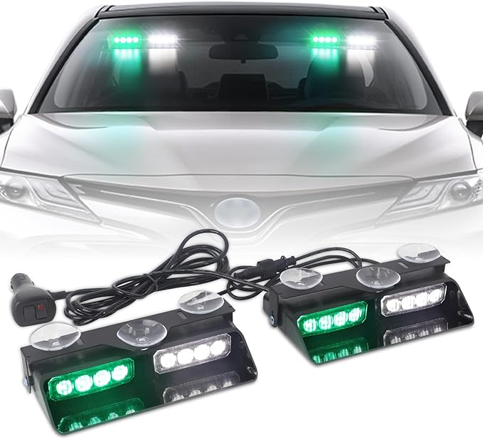 XRIDONSEN 2 in 1 Green White Dash Emergency Strobe Lights Interior Windshield Warning Safety Flashing Lights w/Suction Cups for Construction Vehicles, Truck (2×7.16 inch, 16 LED)