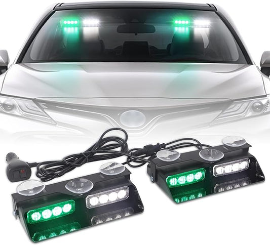 XRIDONSEN 2 in 1 Green White Dash Emergency Strobe Lights Interior Windshield Warning Safety Flashing Lights w/Suction Cups for Construction Vehicles, Truck (2×7.16 inch, 16 LED)