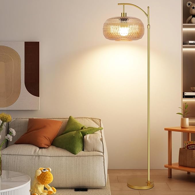 Glass Floor Lamp for Living Room,Bedroom,Gold Dimmable Standing Lamp with Remote,Mid Century Modern Brass Tall Lamp Retro Vintage Lamp Floor Light Boho Bohemian