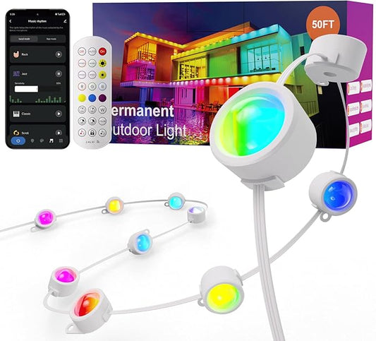 Fitop Permanent Outdoor Lights, 50FT RGB Smart Eaves Light for House, IP67 Waterproof LED Strip Light, Extendable Outdoor Decor Lights, Music Sync, App/Remote Control, Compatible with Alexa/Google