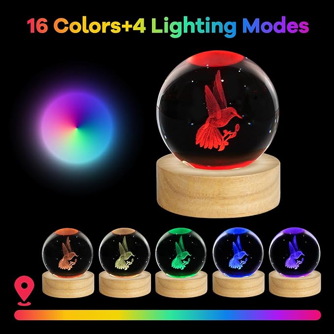 3D Hummingbird Crystal Ball Night Light 2.4in Hummingbird Figurines Decor Table Lamp with 16 Colors Change Hummingbird Stuff for Room Birthday Christmas Hummingbird Gifts for Women Friends Kids