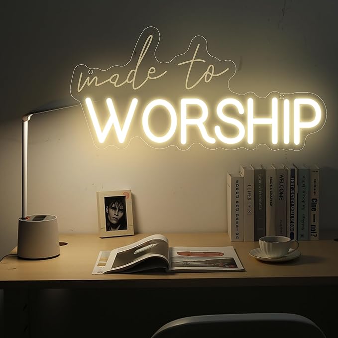 Made to Worship Neon Sign – Warm White Dimmable LED Wall Sign with 3D Engraved Letters and Light Strip, Christian Home Decor for Prayer Room, Church, or Bedroom 15″ × 7.25″