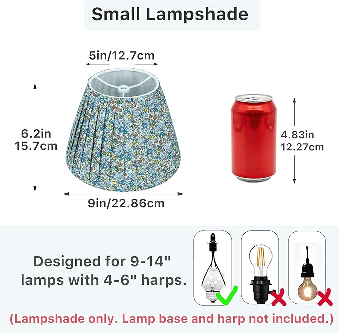 Small Floral Pleated Lamp Shades Set of 2, 5" Top x 9" Bottom x 6.2" High, Spider Fitter, Assembly-Free, Blue Empire Lampshades for Table Lamps – Perfect for Cottage, Farmhouse & Country Decor