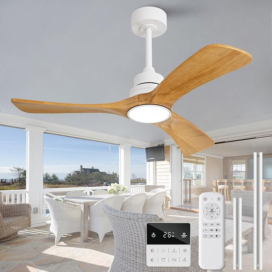 42 inch Ceiling Fan with Light and Remote Control,Wall Switch,Solid Wood Blades,Dimmable,Reversible Quiet DC Motor,Power Off Memory Modern White Ceiling Fan for Bedroom Patio Indoor/Outdoor Use