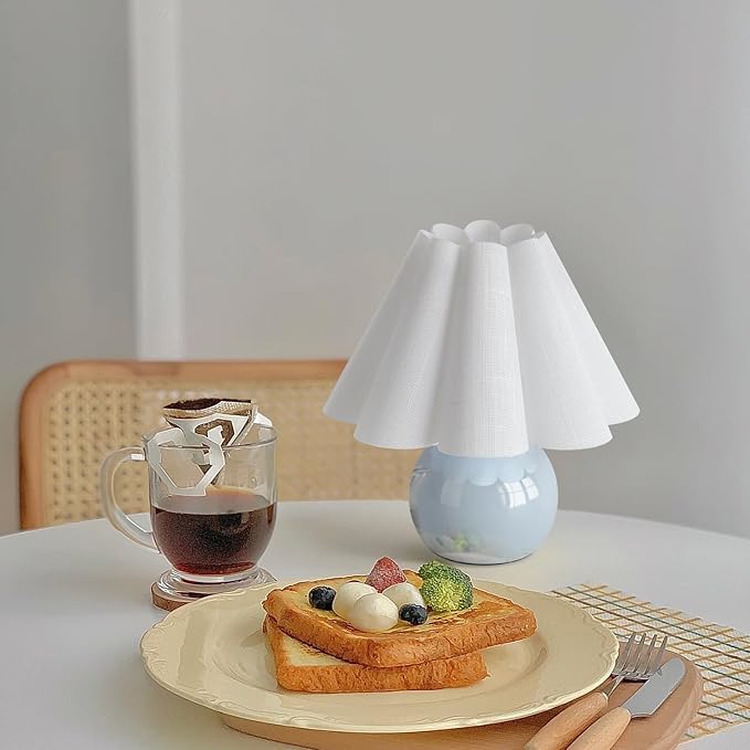 Light Blue Small Bedside Mini Table Lamp for Bedroom, Cute Bedroom Lamps for Nightstand, Cute Mini Table Lamps for Small Spaces with Scalloped Shade for Kitchen Counter, Bookshelf, Kids Dorm, Office