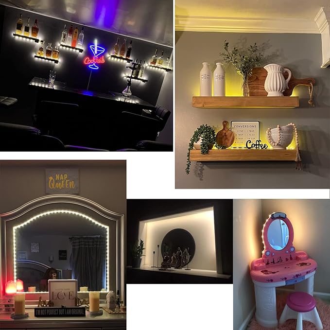 Battery Led Strip Lights, 13.2ft/6.6ft Flexible Led Strip Lights Battery Powered Brighter Battery Powered Led Lights for Makeup Mirror Cabinet Bedroom Bar, Non-Waterproof, 2 Pack