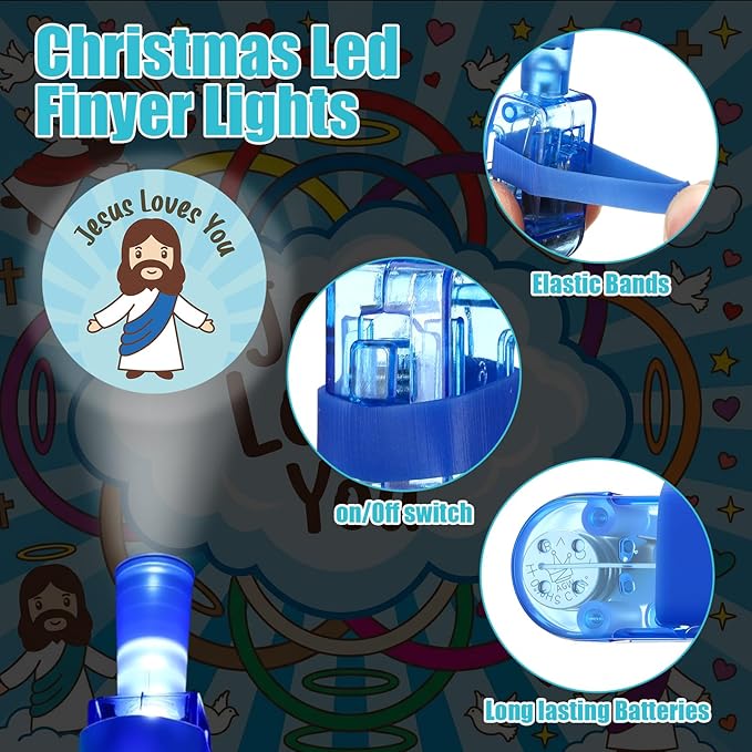 Tuanse 50 Pcs Christian Easter Gifts for Kids Jesus Loves You Finger Lights Bulk Easter Sunday School Church Gifts Glow in The Dark Christian Bible Finger Lights for Egg Stuffers Religious Baptism