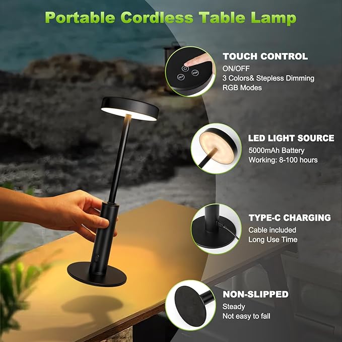 Small Cordless Table Lamps Rechargeable,5000mAh Battery Operated Portable Desk Lamp,3 Colors & RGB Stepless Dimmable Wireless Touch Lamps for Restaurant Home Dinner Dining Patio(Black)