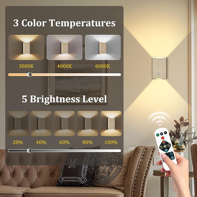 Battery Powered Wall Sconce Set of 2: 5000mAh Rechargeable Motion Sensor Wall Light with Remote, 3 Colors Wireless Sconce Magnetic Motion Sensor Night Light Indoor for Bedroom Hallway Stair, Beech