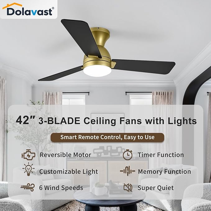 Ceiling Fans with Lights and Remote, 42 Inch Ceiling Fan with Light, Low Profile, Reversible, Dimmable LED, Flush Mount, Quiet, DC Motor, Gold Ceiling Fan for Bedroom, Kitchen, Dining Room