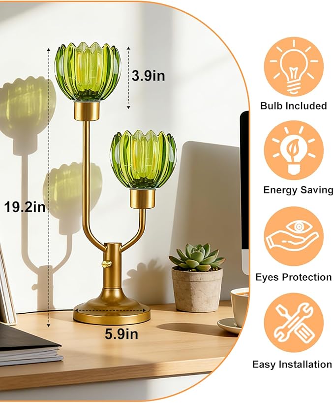 Lightdot Mid Century Modern Glass Table Lamp Gold Dimmable U-Shaped Desk Lamps with Green Glass Shade& 2Pcs 3000K Warmwhite Bulbs Included Bedside Nightstand Lamp for Living Room Bedroom