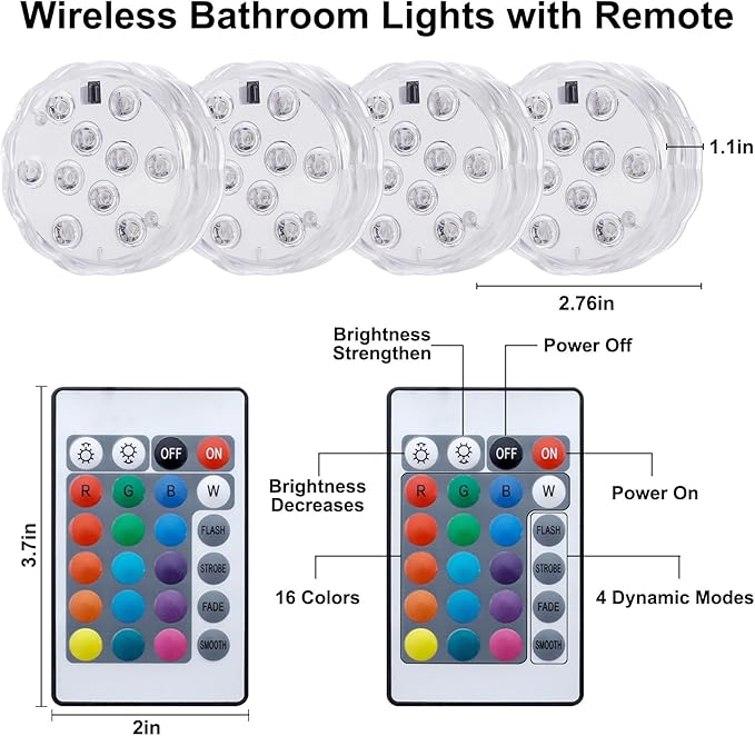 4Pcs Wireless Bathroom Lights with Remote Control, Battery Powered Multi Color Shower Lights, Waterproof Vanity Led Light for Bath Shower Spa Room, for Over Mirror Wall Ceiling Light