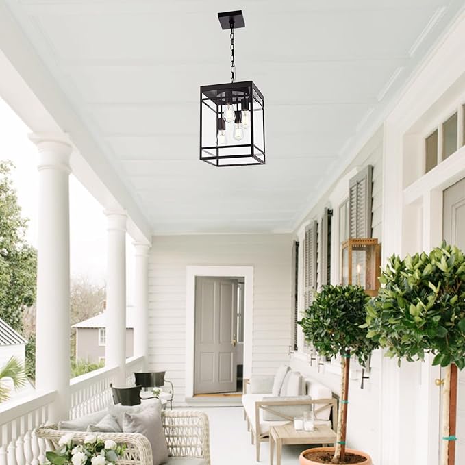 4-Light Outdoor Pendant Lights for Porch, Oil Rubbed Bronze Outdoor Chandelier 15.7'' Exterior Hanging Porch Light Fixtures w/Clear Glass, Waterproof Outside Pendant Lantern for Garage Foyer
