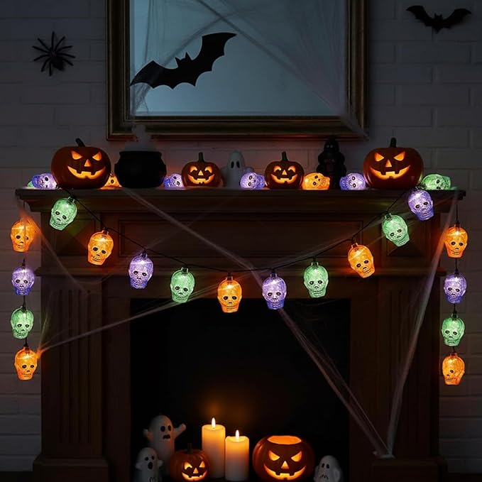 Halloween Skeleton Lights,8.5Ft Halloween Skull Lights with 10 LED Orange Purple Green Skeleton Lamp Waterproof UL Listed for Indoor Bedroom Patio Doors, Windows, Porches, Halloween Party Decor