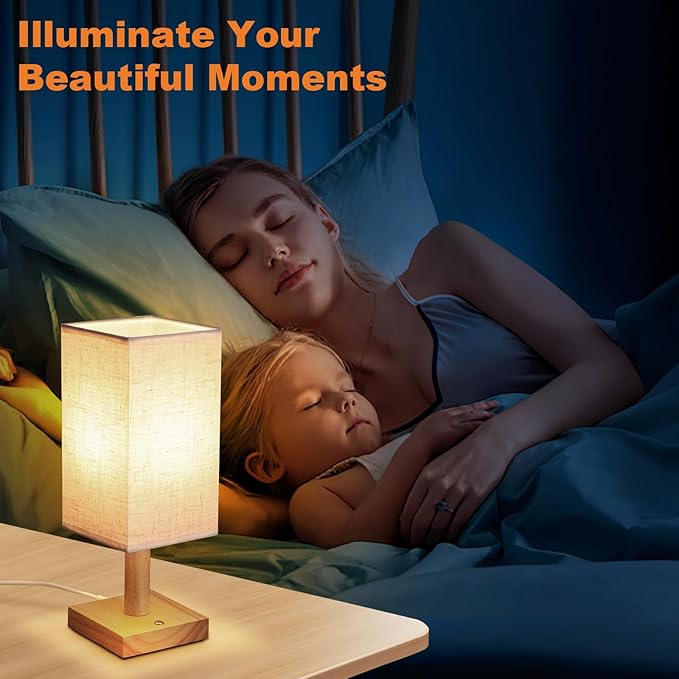 Small Corded Touch Square Table Lamp Set of 2 with Stepless Dimming, Natural Wood Base & Linen Fabric Shade, 5W Ambient Night Light for Bedroom, Bedside, Nightstand, Living Room, Nursery