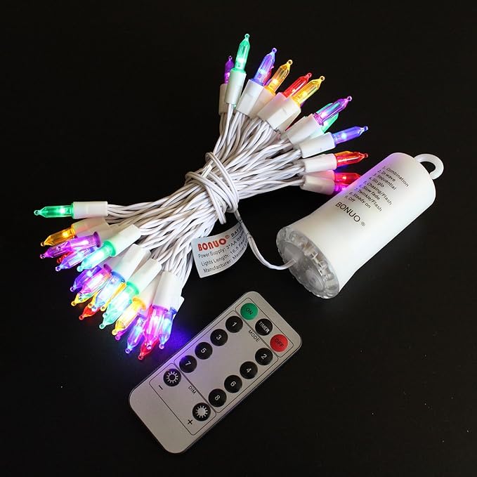 Battery Operated Christmas Lights, 16Ft 50 LED White Wire String Lights with Remote Timer 8 Modes for Indoor Outdoor Christmas Wreath Decor, Multicolor