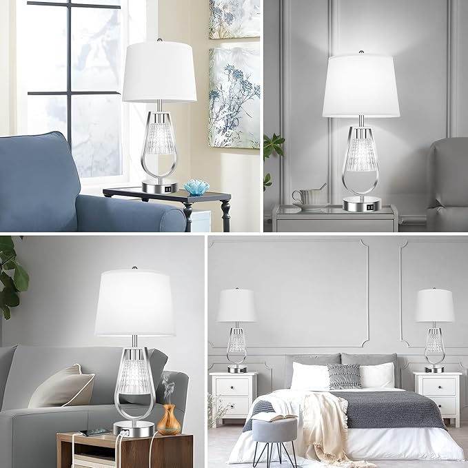 VerRon Table Lamp with Night Light Set of 2, Touch Control Bedside Lamps with 2 USB Ports, Dimmable Nightstand Lamps for Bedroom, Living Room Table Lamps with White Shade & 4 Bulbs, Brushed Nickel