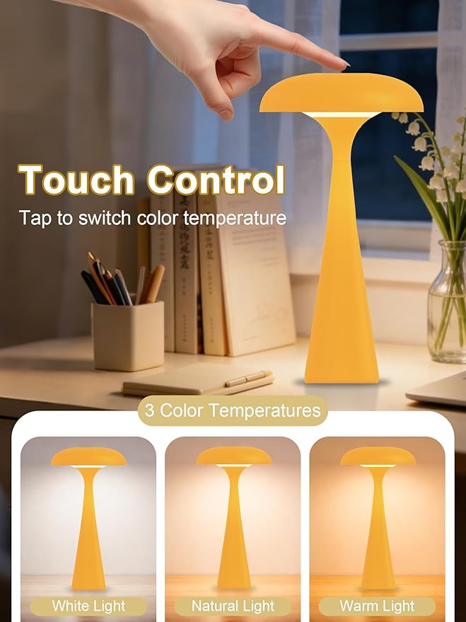 Cordless Table Lamp,Touch LED Reading Light,Cute Desk Lamp with 3 Colors Dimmable,Rechargeable Small Mushroom Lamp,Vintage Aesthetic Lamp for Bedroom Living Room Dorm Decor(Yellow)