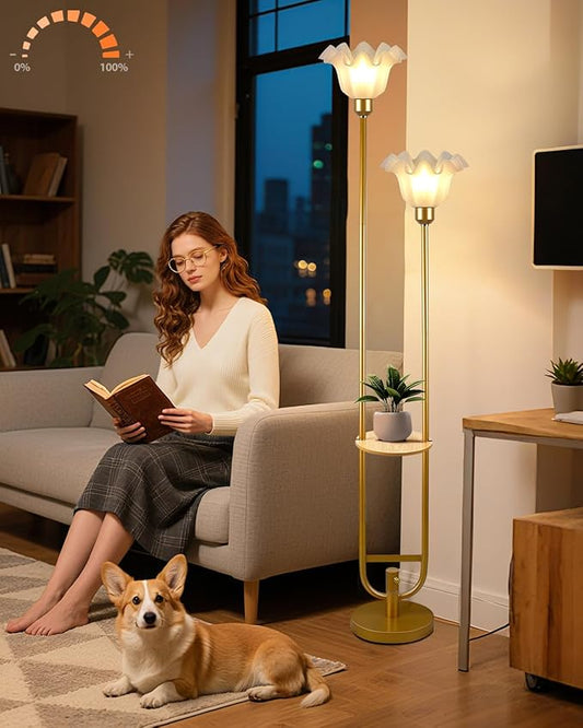 Lightdot Dimmable Flower Floor Lamp with Table for Living Room, Modern Mid Century Gold Metal Tall Standing Lamp for Bedroom/Sofa Beside/Corner Decor (Bulb Included)