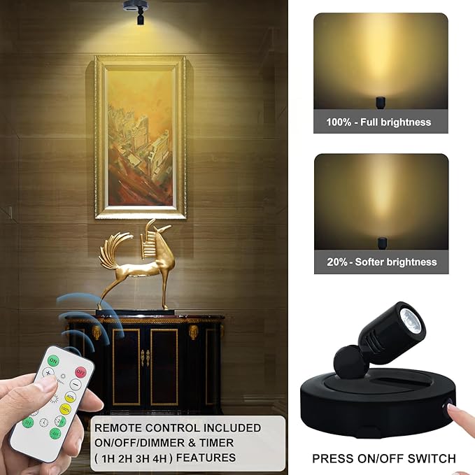 Battery LED Spotlight, Indoor Spotlights, Battery Powered Spot Lights with Remote, Up Lighting for Plants, Picture Light for Wall Art Display Dartboard Painting Artwork Accent-2Pack