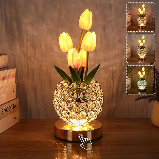Birthday Gifts for Women Mothers Day Gifts/ for MomTable Lamp, 3 Color Crystal Flower Bedside Lamps Infinitely Dimming with USB Charge Small Night Light,Nightstand Touch Lamp for Bedroom (pink-tulip)