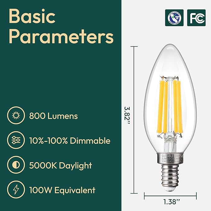 ALAMPEVER E12 LED Bulb 100 Watt Equivalent, 800LM Super Bright Dimmable LED Light Bulb, B11 5000K Daylight White Candelabra Bulb, 5.5W, 6 Pack