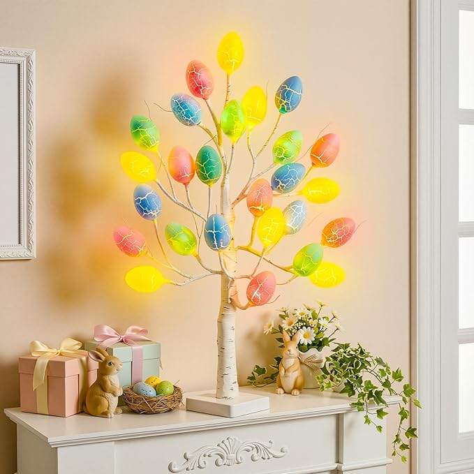 Easter Decorations - 2 FT Artificial Birch Tree with 24 Warm Led Light Colorful Eggs - Easter Tree Decor for Office Home Bedroom Table Mantel, USB or Battery Powered
