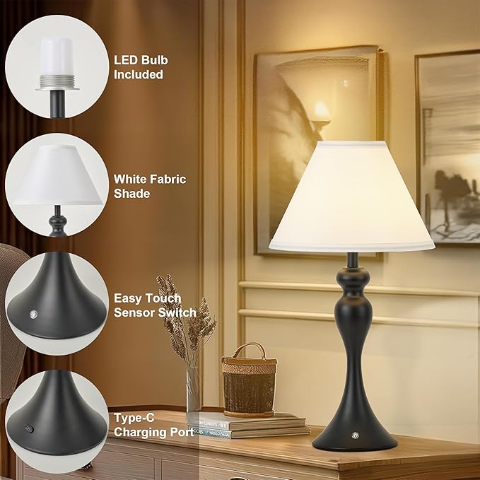 Rechargeable Cordless Table Lamps, Battery Operated Lamp with Fabric Shade for Decor, 3 Color Stepless Dimming LED Table Light, Nightstand Lamp for Nursery, Bedroom, Living Room, Home Office (Black)