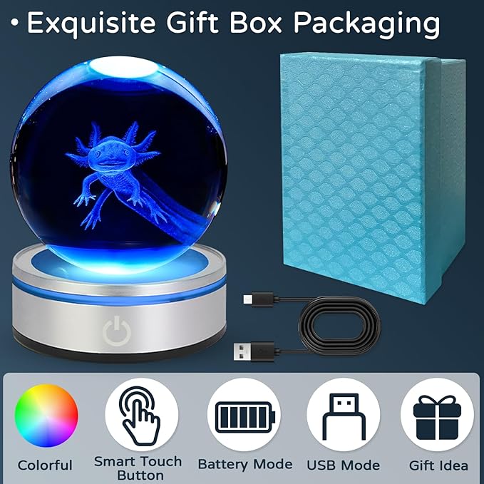 3D Axolotl Crystal Ball Night Light With LED Colorful Light Touch Base 3.15 In Glass Ball Lamp for Birthday Christmas, Cool Toy Gift for Boys Girls Kids Axolotl Figurines Home Decor